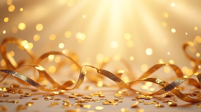 Golden ribbons and confetti scattered on a surface with bokeh lights and shining rays emanating from above, creating a festive and celebratory atmosphere.