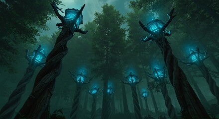 Luminous trees in a dark forest with glowing lights and misty atmosphere