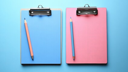Two colored clipboards, light blue and pink, with pencils, on a light blue background