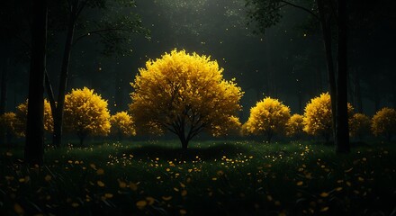 Luminous yellow trees in a dark forest creating a magical scene at night