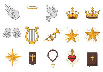 Religious icons wings halo dove crowns harp trumpet stars banner rosary heart book © Chico Store