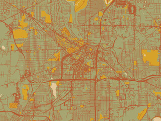 Stylized minimalist map of Akron, Ohio in sage/olive tone field with rust networks and ochre shapes, cream water.
