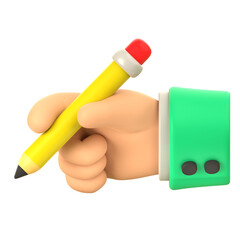 Cartoon Hand Holding Yellow Pencil with Green Sleeve and Red Eraser Illustration on Transparent...