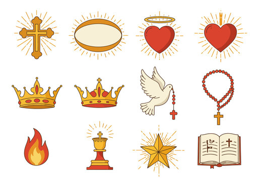 Religious symbols crosses hearts crowns dove rosary chalice star flame and open book