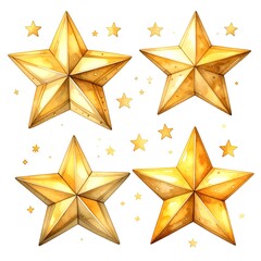 Four gold stars, watercolor style, with small stars scattered around them