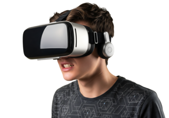Immersed in virtual reality, a young man experiences a new world with modern VR headset and headphones, showcasing excitement and innovation in gaming.
