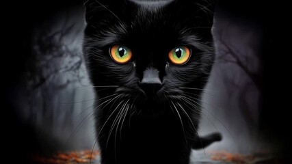 Mysterious black cat with glowing eyes walking on stone path under full moon in foggy forest, symbol of Halloween superstition and spooky mood - Powered by Adobe