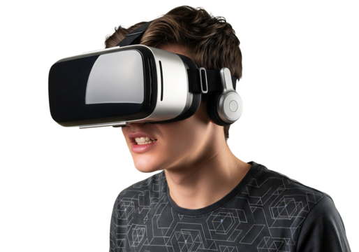 Immersed in virtual reality, a young man experiences a new world with modern VR headset and headphones, showcasing excitement and innovation in gaming. - Powered by Adobe