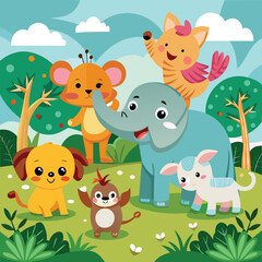 Naklejka premium Cheerful Animals Playing With Elephant Vector Art Illustration For Kids