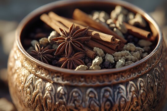 An ornate bowl filled with aromatic spices like star anise, cinnamon sticks, and cardamom pods.