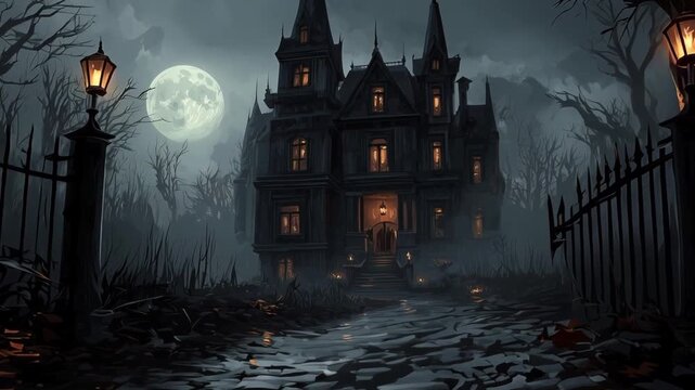 Dark haunted castle with glowing jack o lantern pumpkins along path at night under full moon, camera zoom in symbolizing eerie Halloween horror atmosphere