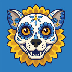 Fototapeta premium Day Of The Dead Funny Dog Skull On Yellow Flowers Vector Art Illustration