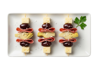 Three antipasto skewers: olives, artichokes, salami, provolone, white platter, parsley, transparent studio, studio lighting, commercial food photography concept