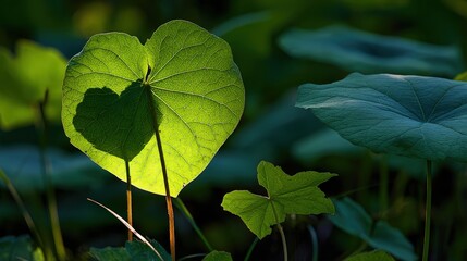 A heart-shaped leaf illuminated by sunlight, casting a shadow, surrounded by vibrant green foliage.