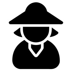 3d icon of silhouette icon of a person wearing a conical hat and a collared shirt, representing a farmer or traditional figure