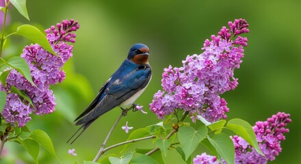 Obraz premium Barn swallow perched gracefully amongst vibrant lilac blossoms in early springtime nature scene