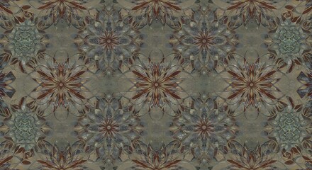 Ornamental floral pattern design with symmetrical repeating elements on neutral backdrop