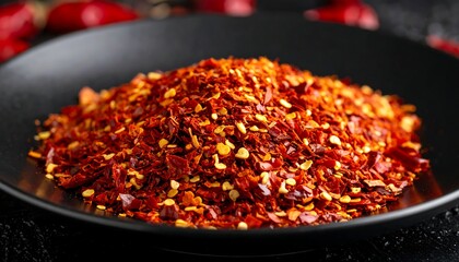 Dried red chili flakes in a dark bowl