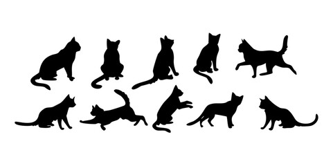 Collection of black cat silhouettes in various poses on a white background