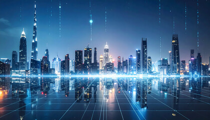 A futuristic cityscape at night reflected on the water surface