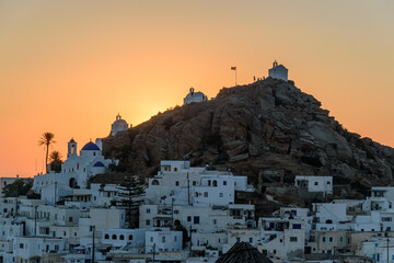 Sunset Over Hilltop Churches in Chora, Ios Island, Greece