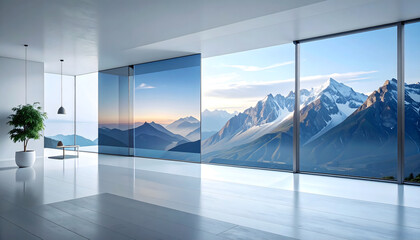 Mountain scenery seen from a large window in a white room