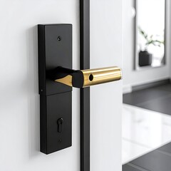 Black door handle with gold accents on white wall