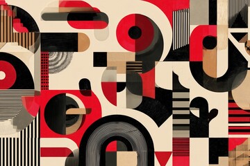 Pattern Abstract Geometric Art Deco Design Colorful Modern Contemporary Shapes Lines Circles Squares Triangles Red Black Beige Cream Retro Vintage

