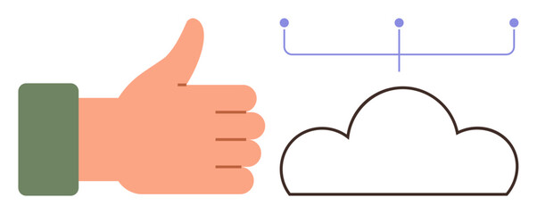 Hand giving thumbs-up next to cloud with three connected points. Ideal for cloud service, network approval, technology, digital connectivity, collaboration, teamwork, innovation. Simple flat metaphor