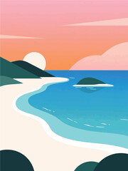 Tranquility of the Ocean with the sun Illustrator Artwork Design Template Poster