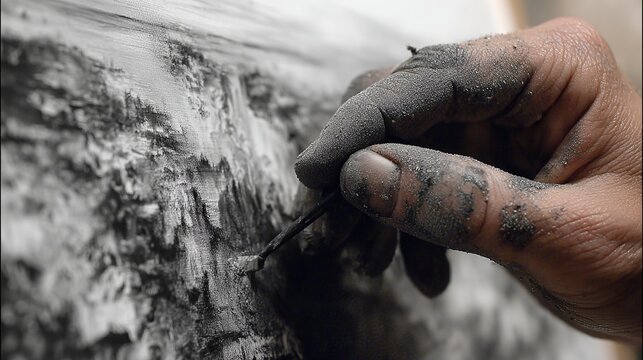 A close-up of a male artist's hand skillfully creating a charcoal drawing, showcasing artistic dedication and creativity.