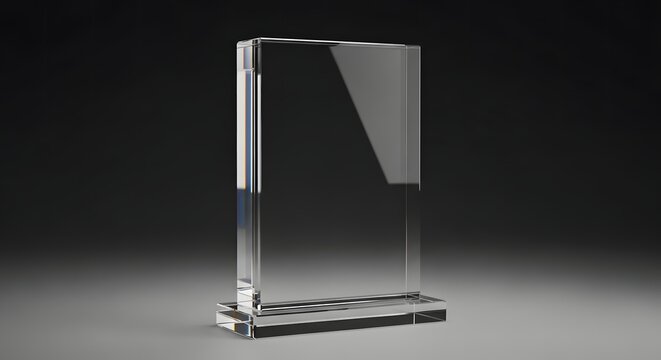 A clear, blank rectangular crystal glass award or trophy plaque standing upright on a dark, reflective surface, perfect for adding custom text or logos