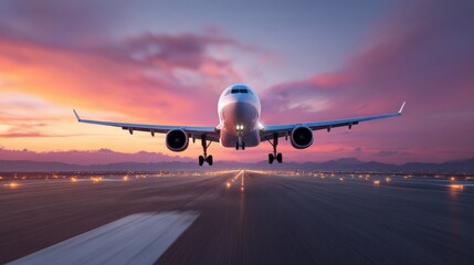Obraz premium A majestic airplane approaches landing at sunset, with vibrant skies and a runway in view, showcasing the beauty of air travel.