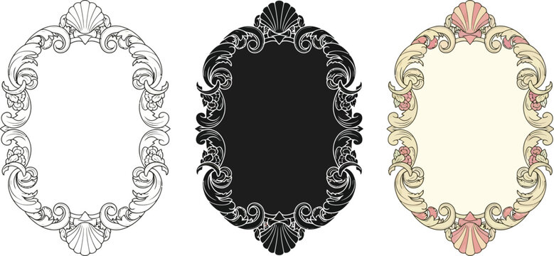 Set of ornate vintage frames with seashell details elegant vector design elements for wedding invitations and decorative projects isolated on white
