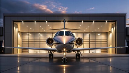 Fototapeta premium A sleek private jet parked in a hangar, illuminated by warm lights, with a twilight sky creating a dramatic backdrop.