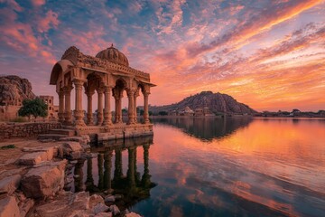 Obraz premium Sunset Indian Lake Temple Reflection Water Architecture Heritage Tourism Travel Rajasthan Udaipur Jaipur Peaceful Serene Scenic Beautiful Landscape