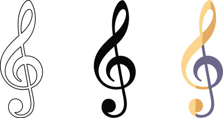Treble clef musical note icon set vector illustration in outline solid and color styles isolated on white background