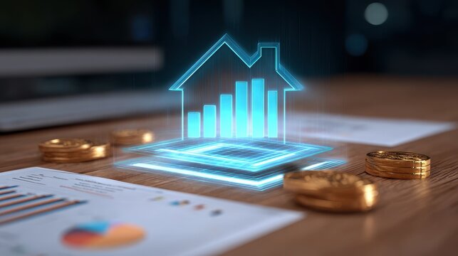 Holographic house with bar chart, investment concept, financial report, stacked coin, wooden desk, business workspace, modern technology - Powered by Adobe