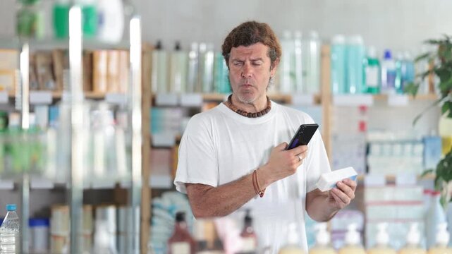  Adult man buyer scanning qr code for box of ointment in pharmacy