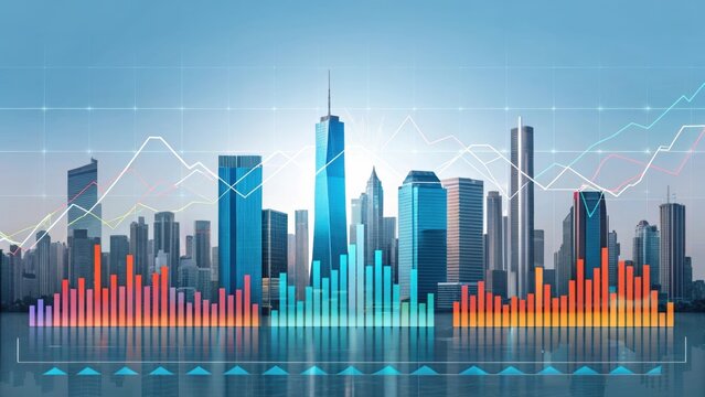A vibrant city skyline with financial graphs overlay, symbolizing economic growth and data analytics in an urban environment.