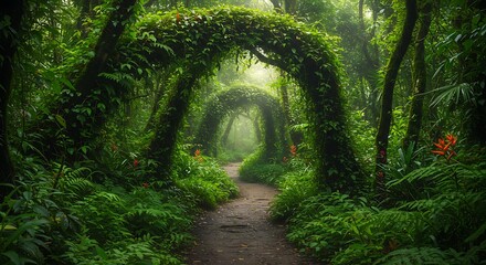 Lush green arched pathway through a vibrant forest scene with sunlight