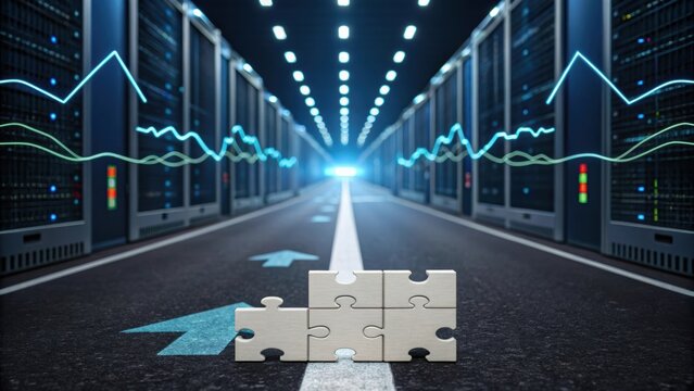 A digital server room with puzzle pieces in the foreground, symbolizing connectivity and integration in technology. - Powered by Adobe