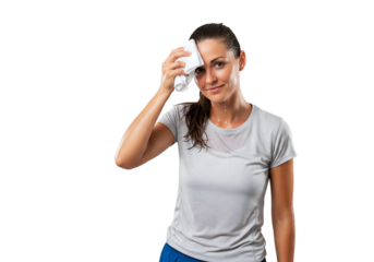 Radiant athletic woman wiping sweat after intense workout, feeling refreshed and energized, perfect for fitness and healthy lifestyle campaigns