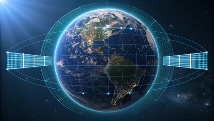 Obraz premium A digital representation of Earth surrounded by a grid and satellites, showcasing technology's connection to our planet in space.