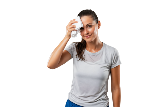 Radiant athletic woman wiping sweat after intense workout, feeling refreshed and energized, perfect for fitness and healthy lifestyle campaigns