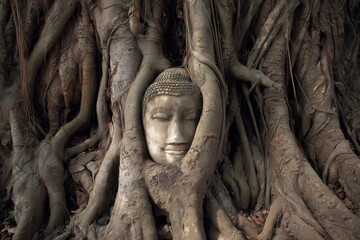 Ayutthaya Buddha Head Tree Roots Thailand Temple Ancient Ruins Buddhist Religion Spiritual Sacred Historical Heritage Tourism Travel Archaeological
