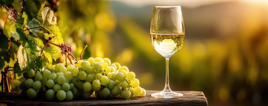 A glass of white wine is placed beside fresh green grapes, set against a beautiful vineyard backdrop during golden hour.