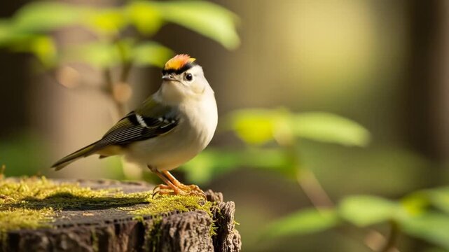 Golden-crowned Kinglet bird behavior on a mossy stump in sun-drenched woodland