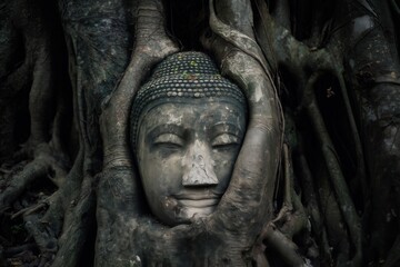 Buddha Head Tree Roots Ayutthaya Thailand Temple Ancient Ruins Buddhist Religion Spiritual Sacred Historical Heritage Tourism Travel Archaeological

