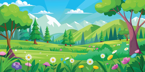 Naklejka premium Vibrant Spring Green Meadow Vector Art Illustration For Fresh Seasonal Landscape
